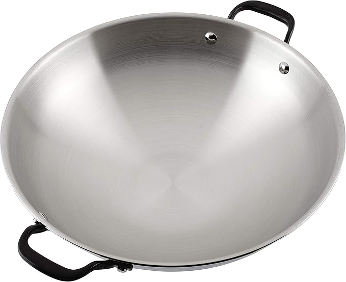 KitchenAid 5-Ply Clad Polished Stainless Steel Wok Induction Compatible Dishwasher Safe 15 Inch Open Stir-Fry Pan