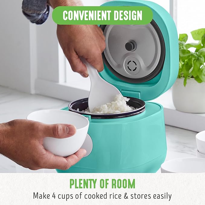 GreenLife PFAS-Free 4-Cup Rice Beans Oats and Grains Cooker Healthy Ceramic Nonstick Easy to Use Automatic Presets Dishwasher Safe Parts Turquoise