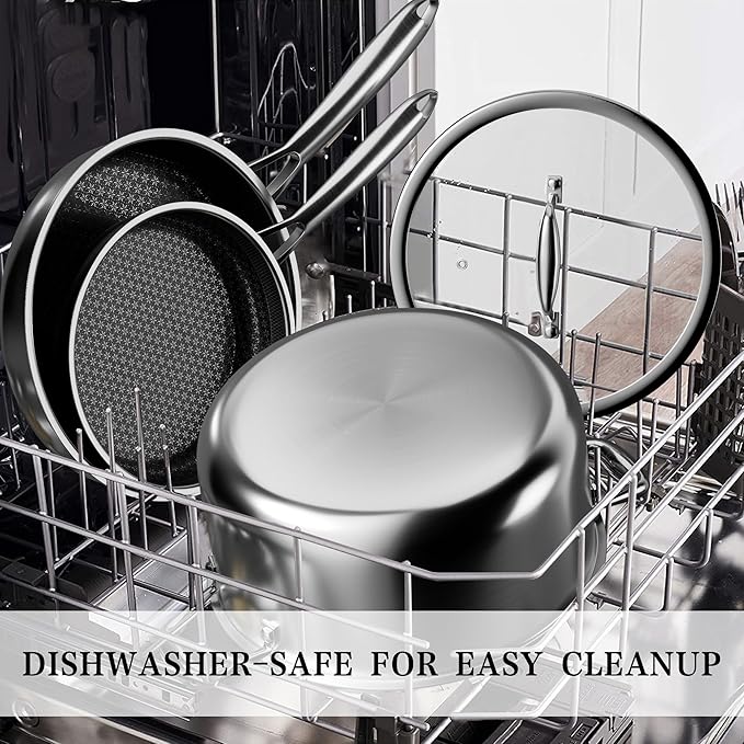 VONIKI Hybrid Tri-ply Stainless Steel Cookware Set Pots And Pans Set Non Stick with Steamer Basket Non Toxic Induction Cookware Kitchen Cookware Sets PFOA &amp PTFE Free Dishwasher and Oven Safe