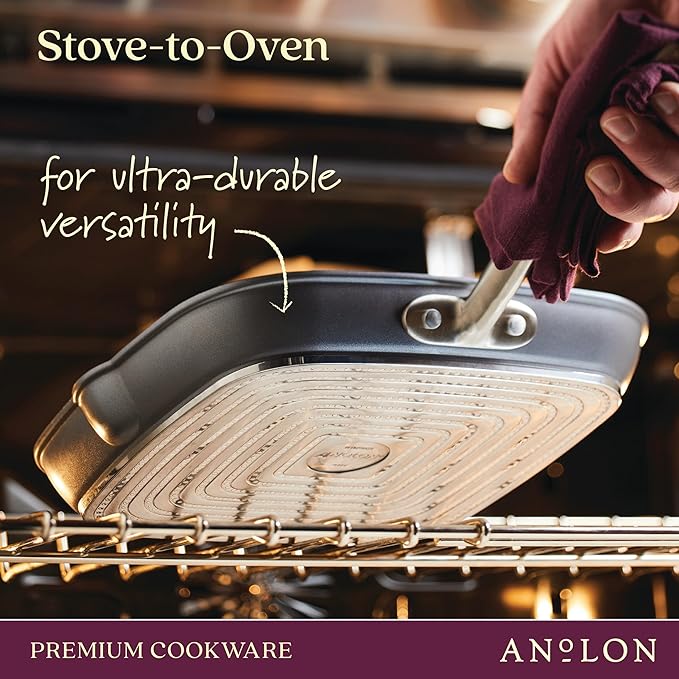 Anolon Accolade Forged Hard Anodized Nonstick Square Grill Pan/Griddle with Spouts 11 Inch - Moonstone Gray
