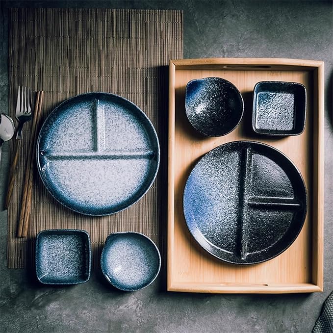 Divided Dinnerware Set 7-Piece Japanese Style with 8 Inch Compartments Plates Bowl and Dish Set Dishwasher &amp Microwave Safe Service for 1 (Color : E)