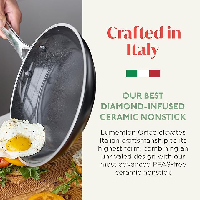 Orfeo 9.5” Nonstick Frying Pan Made in Italy Diamond Ceramic PFAS-Free Cookware Induction Ready Scratch Resistant Laser-Fused Surface for Durability Dishwasher Safe Black
