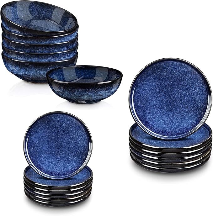 Vicrays 18-Piece Kitchen Dinnerware Set Ceramic Flat Dinner Plates Salad Plates Bowls Set Microwave Oven and Dishwasher Safe Scratch Resistant Suitable for Home Party Restaurant (Blue)