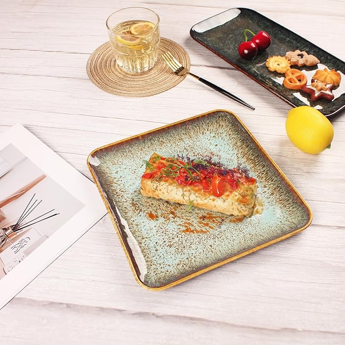 Ceramic Dinner Plates Dish SetSet of 4for Lunch snacks -Microwave Oven &amp Dishwasher SafeScratch ResistantDinnerware Kitchen Porcelain Serving Dishes9 inch Square