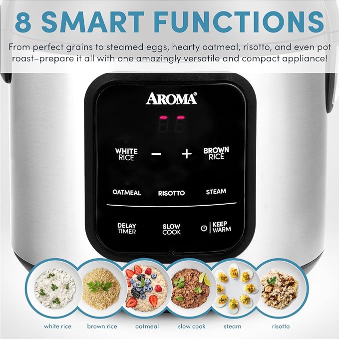 AROMA Digital Rice Cooker 4-Cup (Uncooked) / 8-Cup (Cooked) Steamer Multicooker Slow Cooker Oatmeal Cooker Auto Keep Warm 2 Qt Stainless Steel Exterior