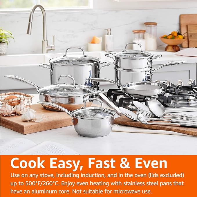 Amazon Basics Stainless Steel Cookware 15-Piece Set Oven Safe Induction-Ready Even Heating Easy to Clean Stay-Cool Handles Pots and Pans Silver