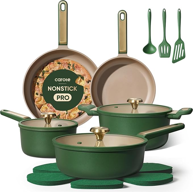 CAROTE Pots and Pans Set Non stick Cookware Set 16pcs NonStick Kitchen Set Induction Cookware Non-Toxic &amp PFOA&ampPFOS-Free Dishwasher Green