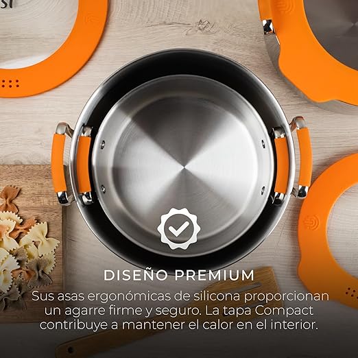 SAN IGNACIO Compact Stainless Steel Pot Set 5 Pieces Contains 2 Pots with 20 and 24 cm and 1 Saucepan with 16 cm Cooking Pot Set for All Hob Types