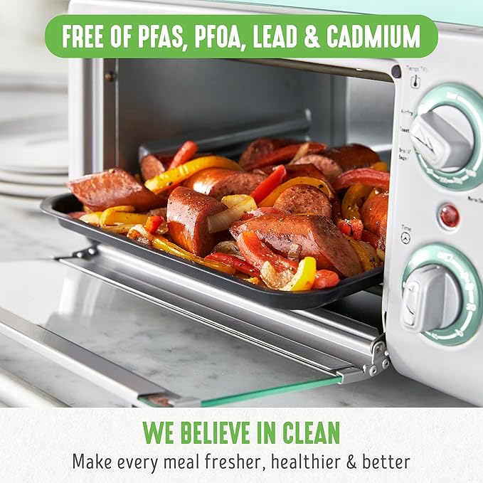 GreenLife Countertop Toaster Oven Air Fryer Stainless Steel Healthy Ceramic Nonstick PFAS Free Tray &amp Basket Bake Broil Reheat Adjustable Temp &amp Time Control Auto Shutoff Turquoise