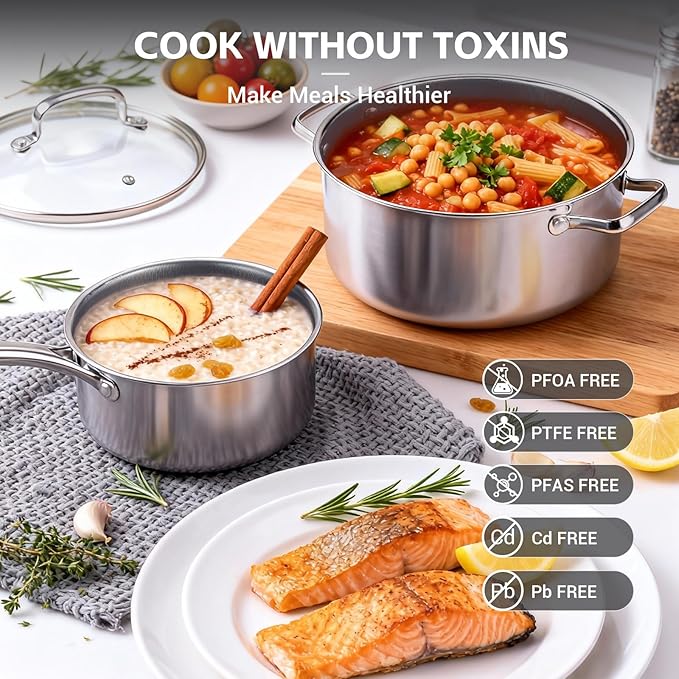 Ammeloo 18 Pcs Ceramic Pots and Pans Set Non Stick 17 Pcs Nonstick Stainless Steel Cookware Set