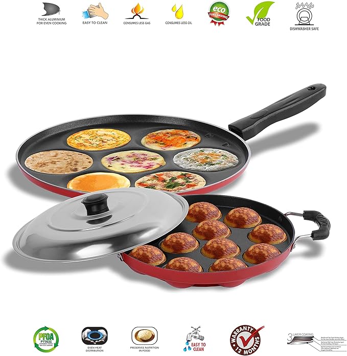 Sumeet 2.6mm Thick Non-Stick Currant Cookware set (Multi snack maker – 26.5cm Dia + Grill Appam Patra With Lid – 23cm Dia)