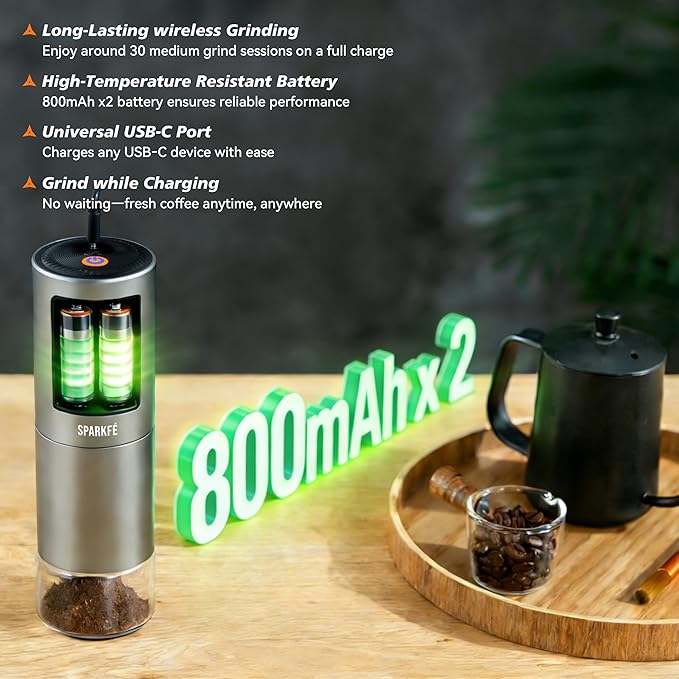 Portable Electric Coffee Grinder Rechargeable Handheld Grinder with Stainless Steel Conical Burr Adjustable Grind Settings for Espresso Moka Pour Over French Press Cold Brew Obsidian