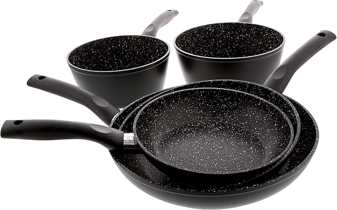 Set of 3 Frying Pans 20 24 28 mm + 2 Saucepans 18.3 cm Stone Style Exterior Black