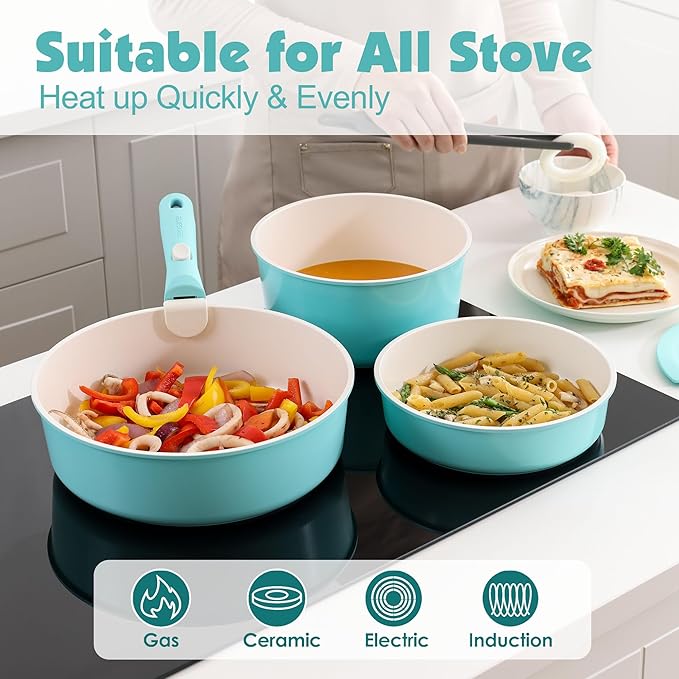 SENSARTE 17 Piece Ceramic Pots and Pans Set Nonstick Detachable Handle Cookware Induction Kitchen Cookware Set with Removable Handle Dishwasher ＆ Oven Safe (Turquoise)