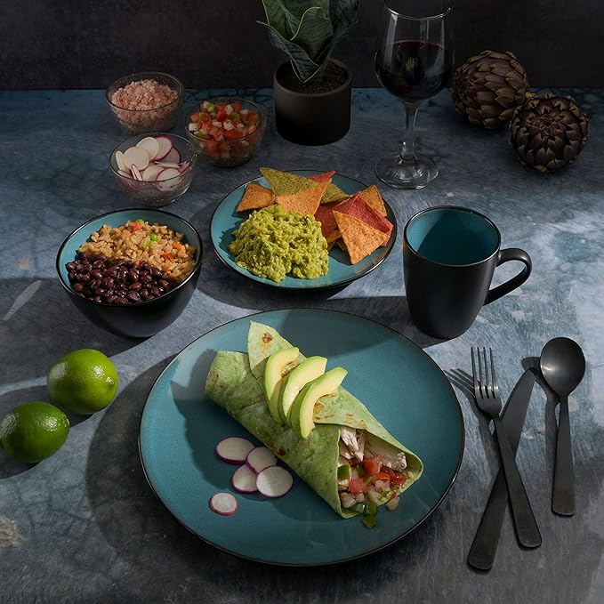 Gibson Elite Soho Lounge 16-Piece Round Reactive Glaze Stoneware Dinnerware Set Service for 4 – Teal Plates and Bowls