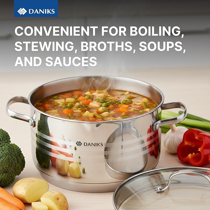 Daniks Tokio Stainless Steel Stock Pot 4.5 Quart with Glass Strainer Lid Induction Ready Dishwasher Safe Measuring Scale Silver