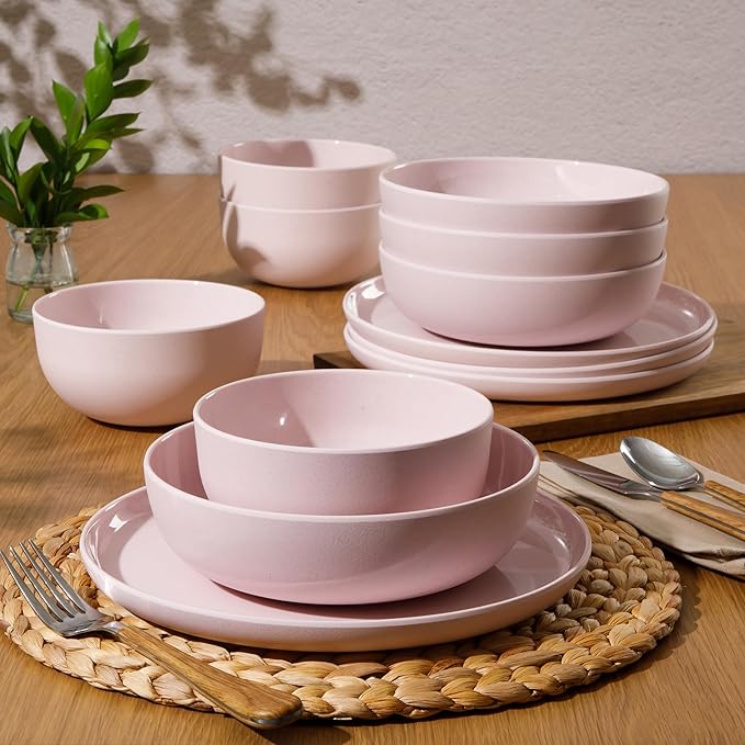 Gibson Home Candy Skies 12 Piece Unbreakable Wheat Straw Melamine Plates and Bowls Dinnerware Set - Outdoor Camping &amp Everyday Use - Matte Exterior/Shiny Interior Pink