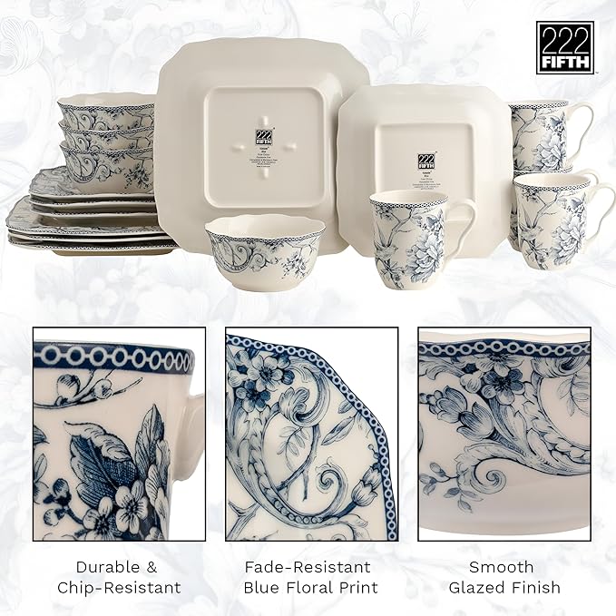 222 Fifth Adelaide 16-Piece Floral Porcelain Dinnerware Set | Microwave and Dishwasher Safe Dining Set for 4 | Stackable and Chip-Resistant Plates Bowls and Cups | Gift for Housewarming and Wedding