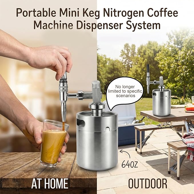 Nitro Cold Brew Coffee Maker 64oz SS Mini Keg Cold Brew Maker Nitro Coffee Machine System with Pressure Relief Valve &amp Stout Creamer Faucet Nitro Keg Coffee Growler Gift for Coffee Lovers