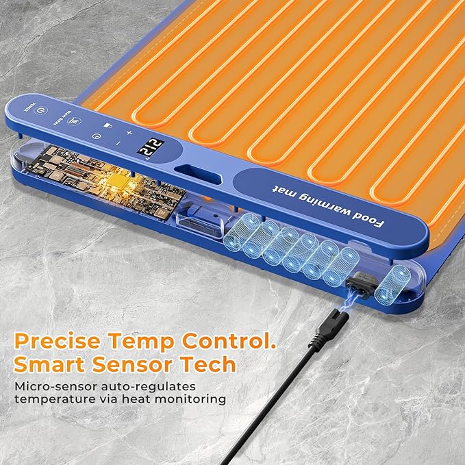 Warming Mat for Food Extra Large 32x15 Electric Silicone Food Warmer Trays for Chafing Dishes &amp BuffetPortable Countertop Food Warmers for Parties 7-Level Temp 8-Hour Timer Blue