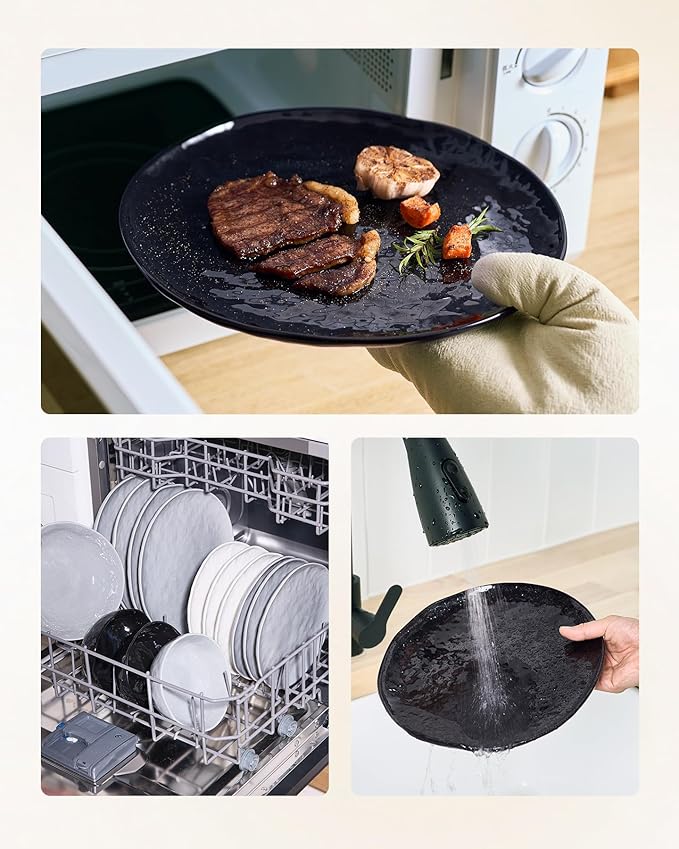 Famiware Porcelain kitchen plates and bowls set Modern dishes set for 6 Handmade Wave Edge Dinnerware Sets Microwave and Dishwasher Safe Tableware Glossy-black (24pc)