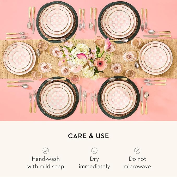 MACKENZIE-CHILDS Enamel Dinner Plate Decorative Dinnerware Plate 10 Inches Set of 4 Pink-and-White Rosy Check