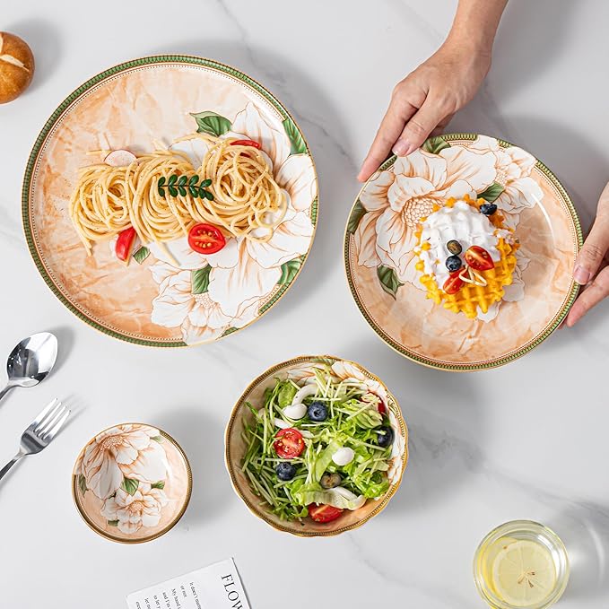Plates and Bowls Sets for 6 24-Piece Dinnerware Set Ceramic Dish Sets for 6 with Camellia Floral Pattern Microwave &amp Dishwasher Safe for Everyday Use &amp Gift Giving