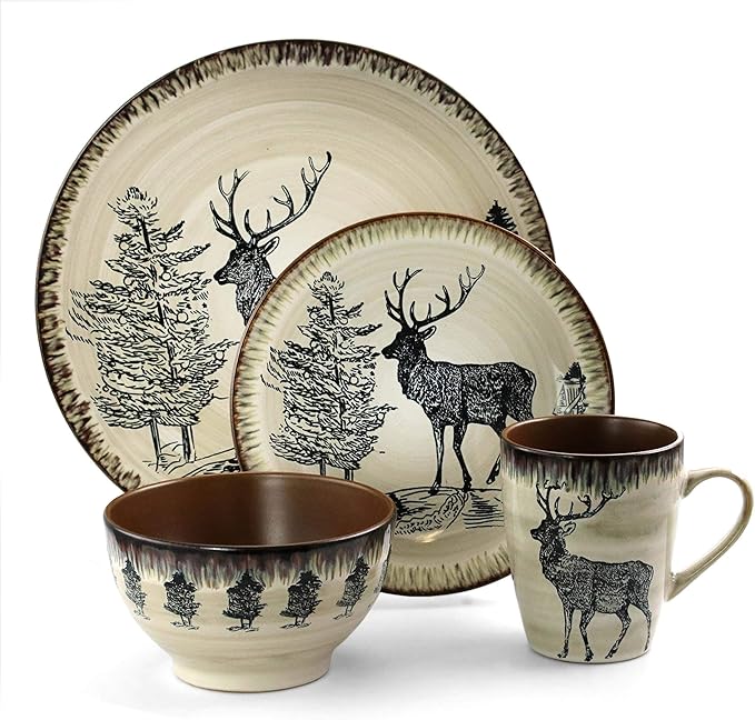 Unknown1 Moose Piece Round Stoneware Dinnerware Set in Taupe Beige Animal Casual 16 Microwave Safe Brown Medium