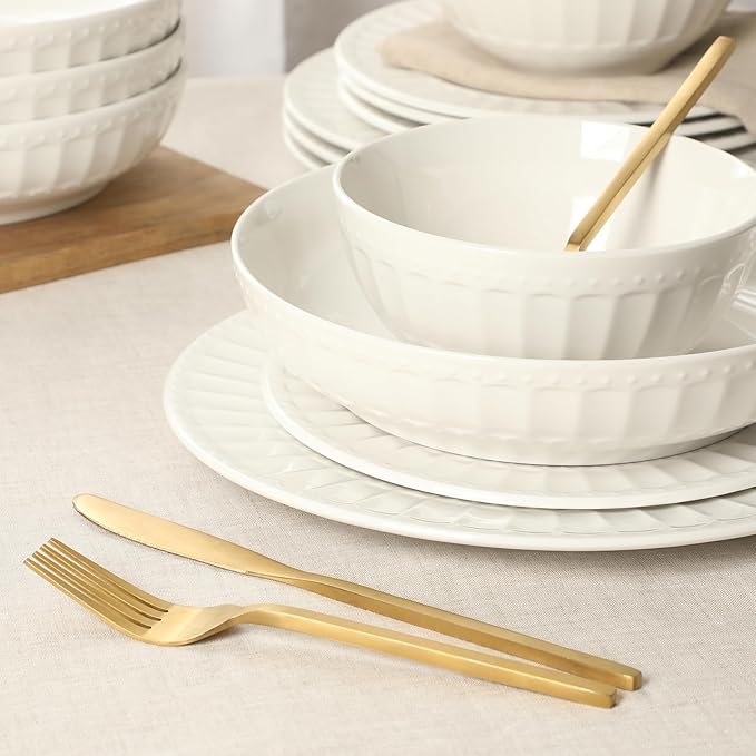 Gibson Home Melbourne White Plates and Bowls Set 16 Piece Embossed Ceramic Dinnerware Set - Service for 4 Dishes - With Pasta Bowl