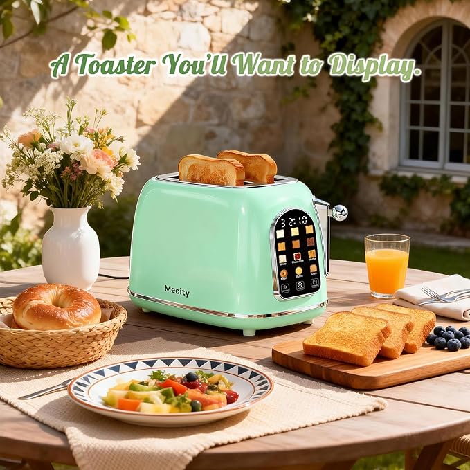 Mecity Toaster 2 Slice Touch Screen Wide Slot Retro Toaster For Breads Bagel Muffin Waffle House Warming Gift New Home 120V 825W Light Green
