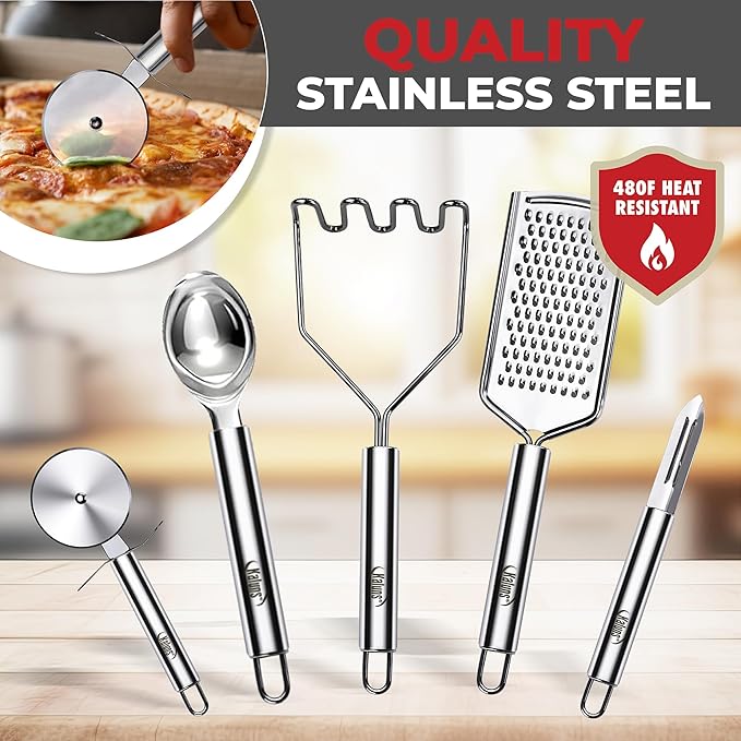 Kaluns 50 PCS Silicone Kitchen Utensils Set Complete Kitchen Set - 800°F Heat Resistant Non-Stick Premium Cooking Utensils W Wooden Handles - Can Opener Masher Turner Silicone Spatula Set