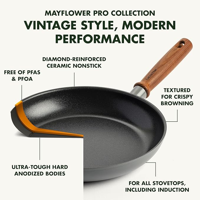 GreenPan Mayflower Pro Hard Anodized Healthy Ceramic Nonstick 10 and 12 Frying Pan Skillet Set Vintage Wood Handle PFAS-Free Induction Charcoal Gray