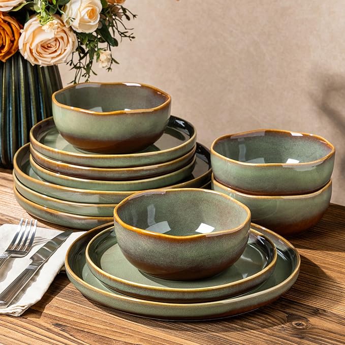 TheTerra Ceramic Dinnerware Sets for 4 12 Pieces Handmade Reactive Glaze Plates and Bowls Sets Scratch Resistant Dish Set Oven &amp Microwave &amp Dishwasher Safe Brown Green
