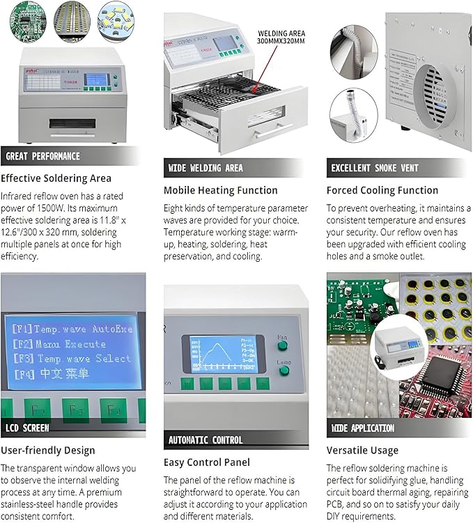 1500w Reflow Oven IR Convection Oven with PC Connectivity 8 Pre-Set Waves 350°C Drawer Style for SMT PCB LED Board Soldering