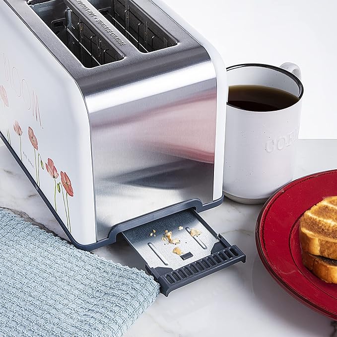 Rae Dunn Toaster Stainless Steel 2 Slice Square Toaster Wide Slot with 5 Browning Levels with Bagel Defrost and Cancel Options (White Floral)