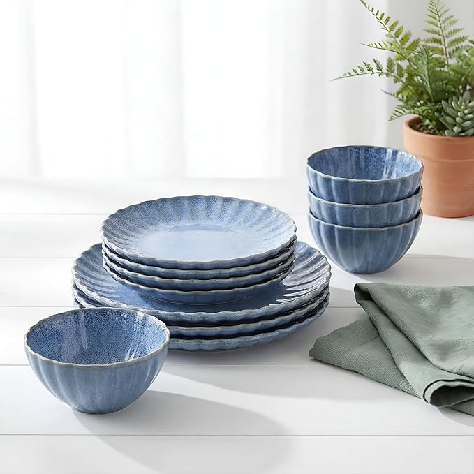 Sango 12 Pieces Stoneware Dinnerware Set Modern Reactive Blue Dishes for 4 Premium Serving Plates and Bowls Sets Chip Resistant Plate Ceramic Dishware Kitchen Dish Set Scallop Dining Ware Frill