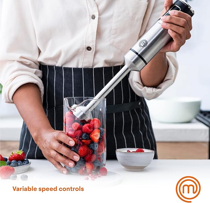 MasterChef Immersion Blender Handheld with Electric Whisk &amp Milk Frother Attachments Hand Held Stainless Steel Stick Emulsifier for Making Baby Food Soup Puree Cake Cappuccino Latte etc 400
