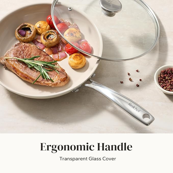 Redchef Nonstick Cookware Sets Frying Pan Set with Tempered Glass Lids Ceramic Cookware Set Stay-Cool Handles Dishwasher &amp Oven Safe Compatible with All Cooktops Beige (8+9.5+11 Inch)