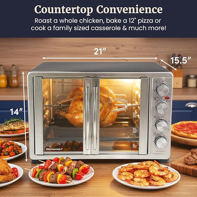 Elite Gourmet ETO-4510M French Door 47.5Qt 18-Slice Convection Oven 4-Control Knobs Bake Broil Toast Rotisserie Keep Warm Includes 2 x 12 Pizza Racks Stainless Steel