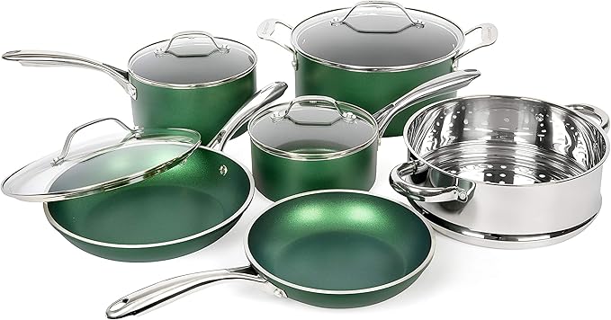 Granitestone Diamond Granite Stone Classic Emerald Pots and Pans Set with Ultra Nonstick Durable Mineral &amp Diamond Tripple Coated Surface Stainless Steel Stay Cool Handles 10 Piece Cookware Gre