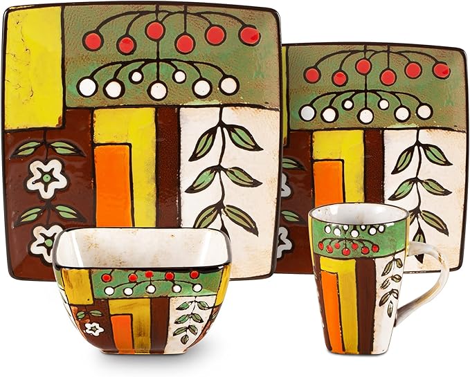 Stoneware Artisan Hand Painted Spring Garden 16pc Reactive Glaze Dinnerware Set