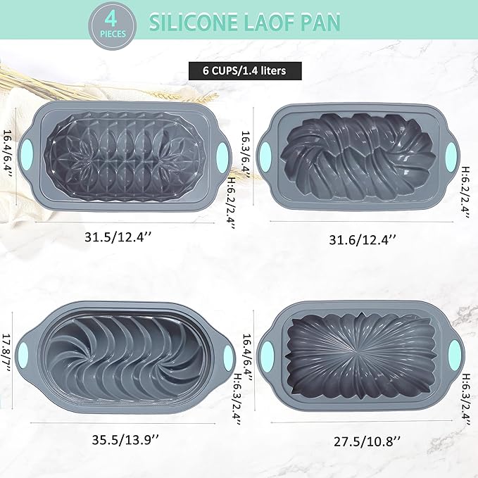 Tongjude 4 Piece Silicone Loaf Pan for Baking Non-Stick Kitchen Oven Bread Pan Perfect for Banana Bread Sandwich Pound Cake and Meatloaf 6 Cups Grey