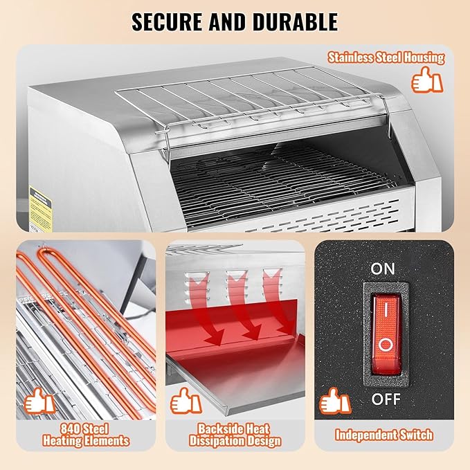 Commercial Conveyor Toaster 450 Slices/Hour Conveyor Belt Toaster Heavy Duty Stainless Steel Commercial Toaster Oven Electric Restaurant Commercial Toaster for Toast Bun Bagel Bread