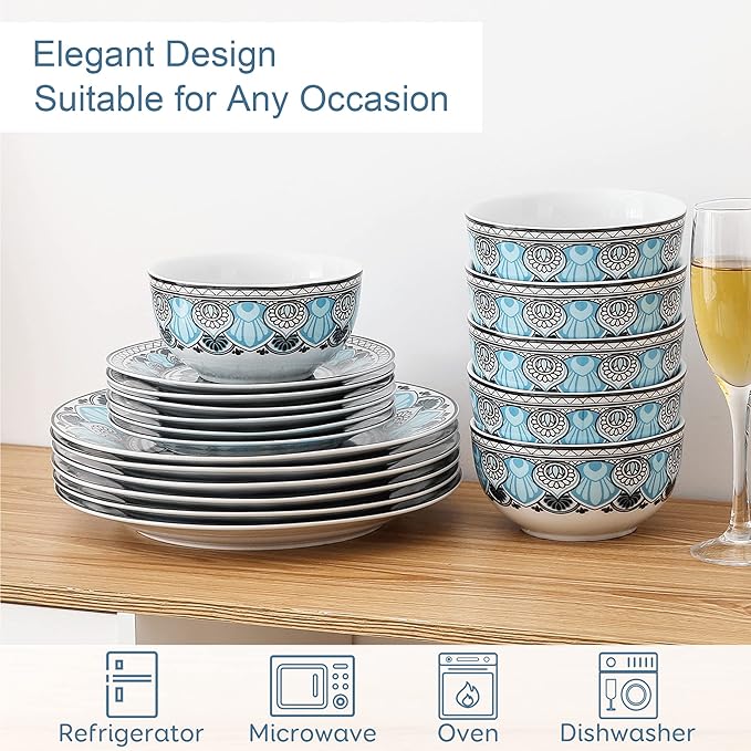 VEWEET VCW-AUD18 'Audrie' Porcelain Dinner Service Set for 6 People with 6 Cereal Bowls Dessert Plates and Flat Plates