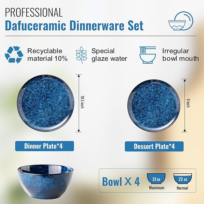 Plates and Bowls Sets 12 Pieces Dark Blue Dinnerware Sets for Kitchen Reactive Glaze Dishes Set for 4 Dishwasher and Microwave Safe Series Starflecked Shore(Dark Blue)