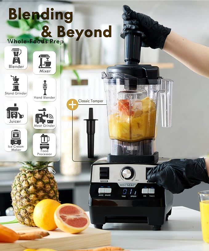 HECMAC 3-Peak HP Blender - 2200W Max/1400W Rated 68oz BPA-Free Pitcher 3 Programs Self-Clean Tamper - Smoothies Ice Crush Frozen Drinks Food Prep - Home &amp Commercial 110V