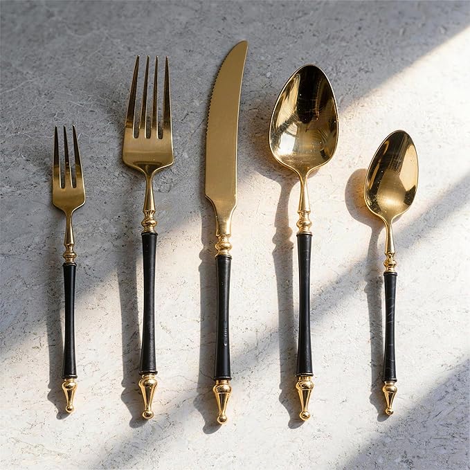 Black and Gold Silverware Set for 6 Modern 30 Piece Flatware Cutlery Elegant Utensils Sets Durable 18/10 Stainless Steel Tableware Set for Home Kitchen Wedding Mirror Polished