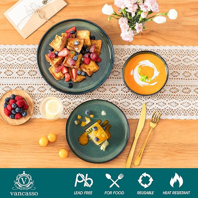 vancasso Starry 12 Pieces Dinnerware Sets for 4 Green Reactive Glaze Dishes Sets Ceramic Plates and Bowls Set Dinner Salad Dessert Plates and Cereal Bowls Set Dishwasher and Microwave Safe