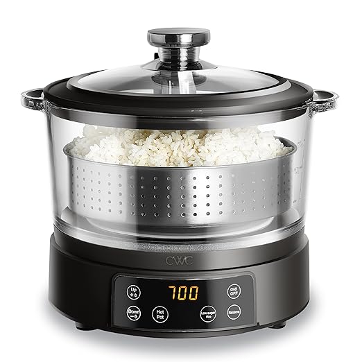 COOK WITH COLOR 3L Glass Mini Low Carb Rice Cooker – Holds 2 Cups Raw/Makes 6 Cups Cooked with Auto Lift Filter Basket Hotpot &amp Steamer for Rice Grains Digital Panel with Keep Warm Black