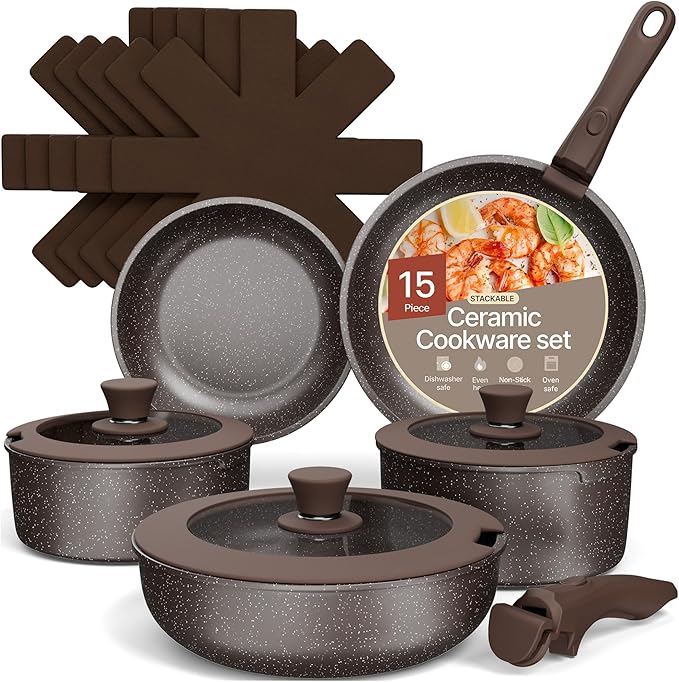 Bakken- Swiss Kitchen Cookware Set - Nonstick Granite Coating Pots and Pans with Handles and Tempered Glass Lids PFOA PFOS PTFE Free Ceramic Max Temperature (Up To 500° F) Set of 15 - Dark Gray